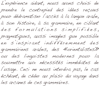 L’expérience aidant, nous avons choisi de prendre le contrepied des idées reçues pour dédramatiser l’accès à la langue arabe, à son histoire, à sa grammaire, en ciblant des formulations simplifiées, pragmatiques, aussi imagées que possible en s’inspirant indifféremment des grammairiens arabes, des «orientalistes» ou des linguistes modernes pour la soumettre aux nécessités immédiates de l’usage. Ceci ne nous interdira pas, le cas échéant, de céder au plaisir du voyage dans les arcanes de ces grammaires.